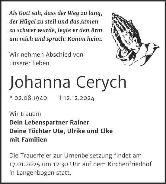 Traueranzeige von Johanna Cerych von Mitteldeutsche Zeitung Halle/Saalkreis