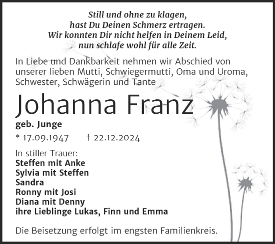 Traueranzeige von Johanna Franz von Trauerkombi Mansfelder Land