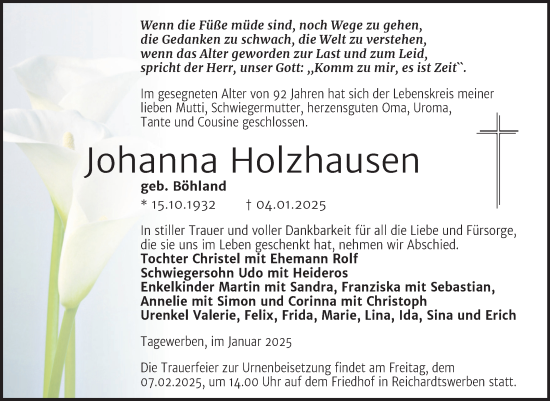 Traueranzeige von Johanna Holzhausen von Trauerkombi Weißenfels