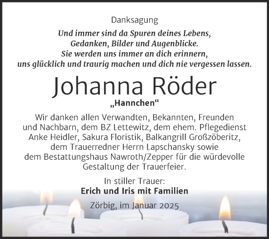 Traueranzeige von Johanna Röder von Trauerkombi Bitterfeld