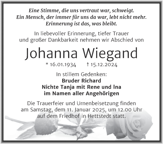 Traueranzeige von Johanna Wiegand von Trauerkombi Mansfelder Land