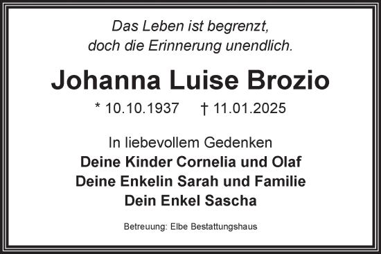Traueranzeige von Johanna Luise Brozio von Volksstimme Magdeburg