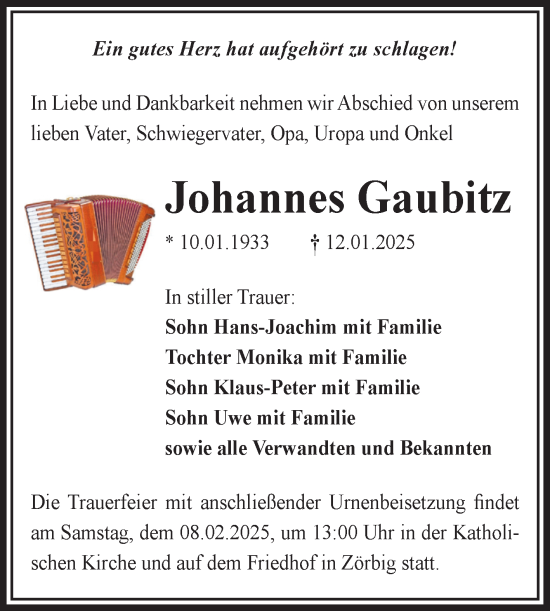 Traueranzeige von Johannes Gaubitz von Trauerkombi Bitterfeld