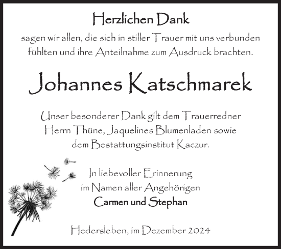 Traueranzeige von Johannes Katschmarek von Volksstimme Halberstadt