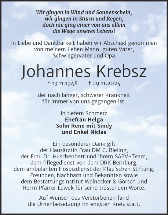 Traueranzeige von Johannes Krebsz von Trauerkombi Bernburg