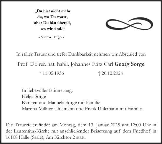 Traueranzeige von Johannes Fritz Carl Georg Sorge von Mitteldeutsche Zeitung Halle/Saalkreis