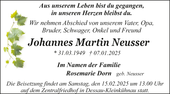 Traueranzeige von Johannes Martin Neusser von Trauerkombi Wittenberg