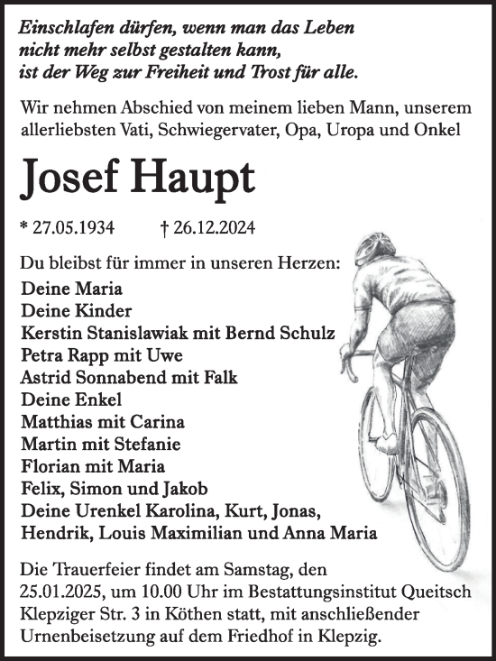 Traueranzeige von Josef Haupt von Trauerkombi Köthen