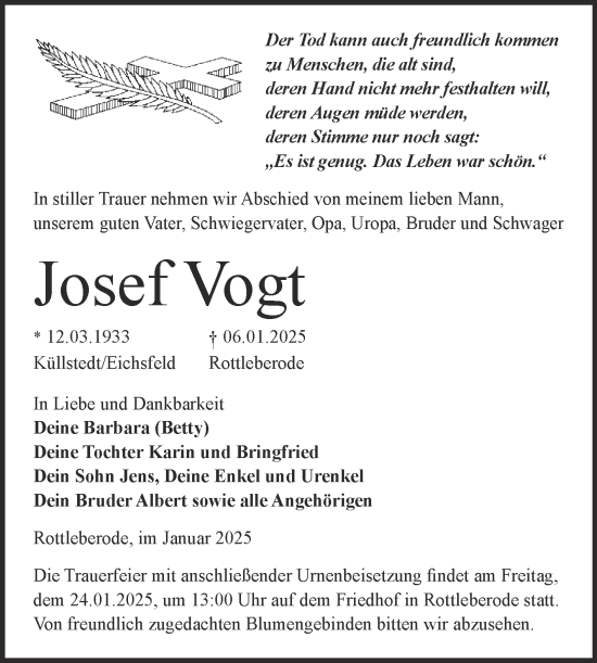 Traueranzeige von Josef Vogt von Mitteldeutsche Zeitung Sangerhausen