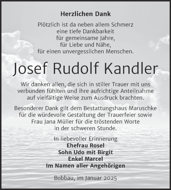 Traueranzeige von Josef Rudolf Kandler von Trauerkombi Bitterfeld