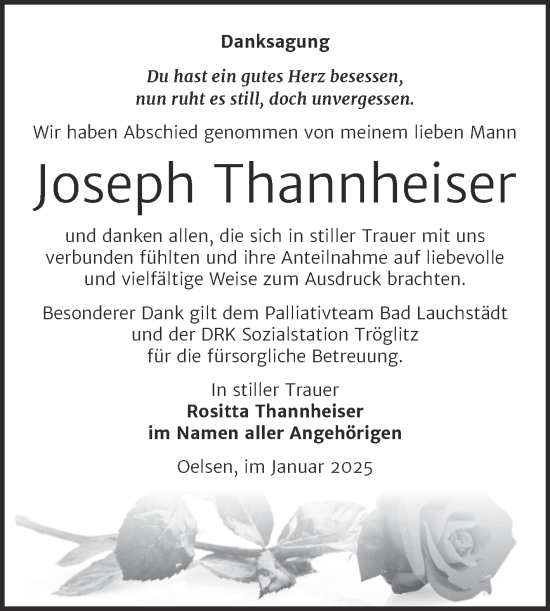 Traueranzeige von Joseph Thannheiser von Trauerkombi Zeitz