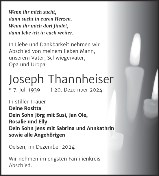 Traueranzeige von Joseph Thannheiser von Trauerkombi Zeitz