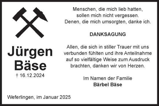 Traueranzeige von Jürgen Bäse von Volksstimme Haldensleben/Wolmirstedt