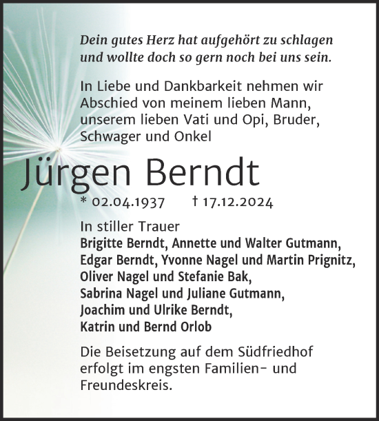 Traueranzeige von Jürgen Berndt von Mitteldeutsche Zeitung Halle/Saalkreis