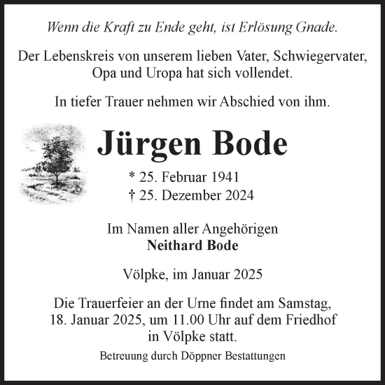 Traueranzeige von Jürgen Bode von Volksstimme Oschersleben/Wanzleben