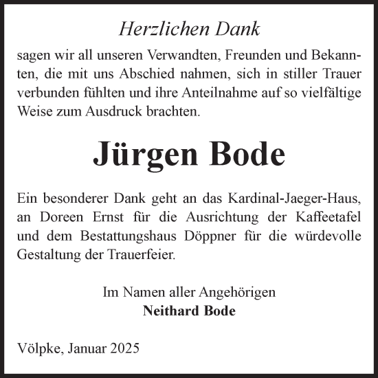 Traueranzeige von Jürgen Bode von Volksstimme Oschersleben/Wanzleben