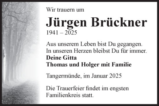 Traueranzeige von Jürgen Brückner von Volksstimme Altmark Ost