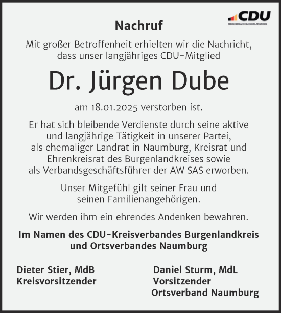 Traueranzeige von Jürgen Dube von Naumburger Tageblatt