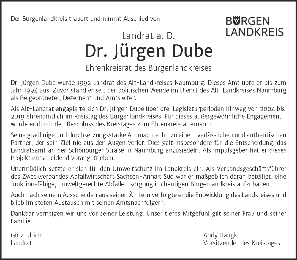  Traueranzeige für Jürgen Dube vom 22.01.2025 aus Naumburger Tageblatt