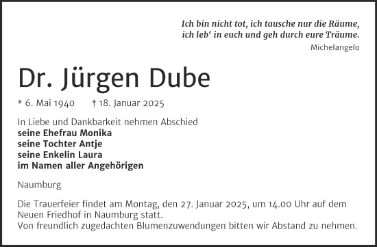 Traueranzeige von Jürgen Dube von Naumburger Tageblatt
