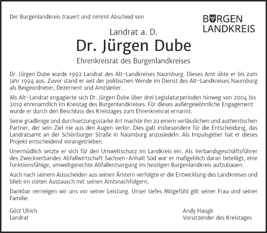 Traueranzeige von Jürgen Dube 
