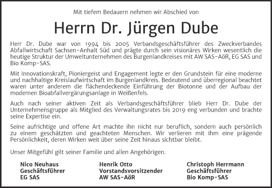 Traueranzeige von Jürgen Dube von Naumburger Tageblatt