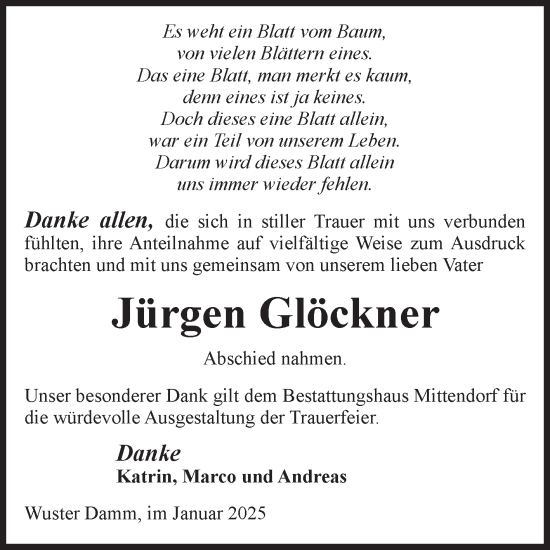 Traueranzeige von Jürgen Glöckner von Volksstimme Altmark Ost