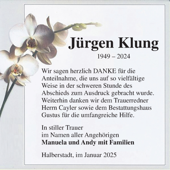 Traueranzeige von Jürgen Klung von Volksstimme Halberstadt