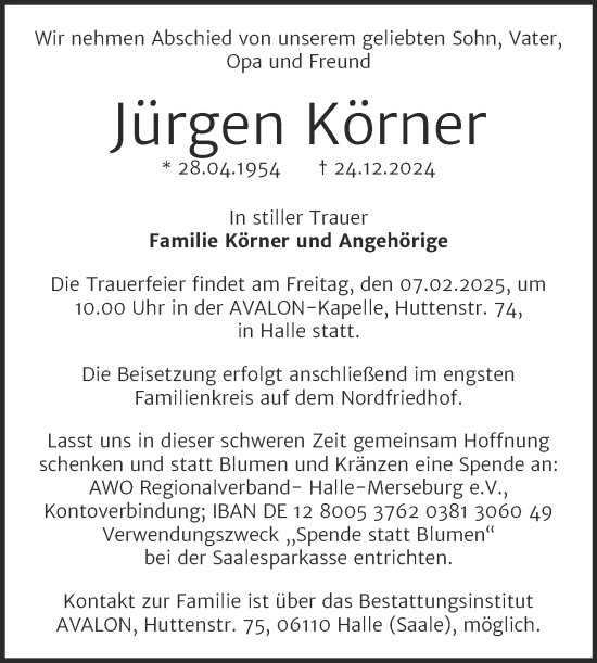 Traueranzeige von Jürgen Körner von Mitteldeutsche Zeitung Halle/Saalkreis