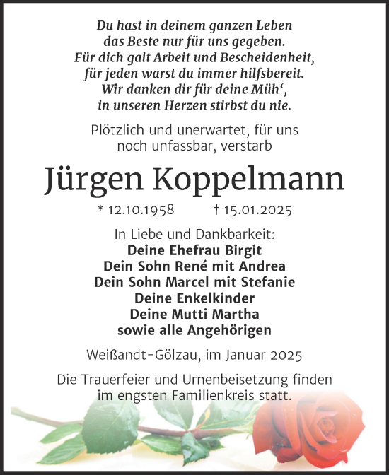 Traueranzeige von Jürgen Koppelmann von Trauerkombi Köthen