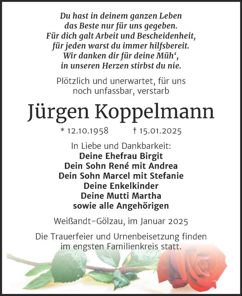  Traueranzeige für Jürgen Koppelmann vom 25.01.2025 aus Trauerkombi Köthen