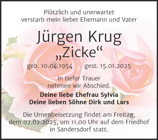 Traueranzeige von Jürgen Krug von Trauerkombi Bitterfeld