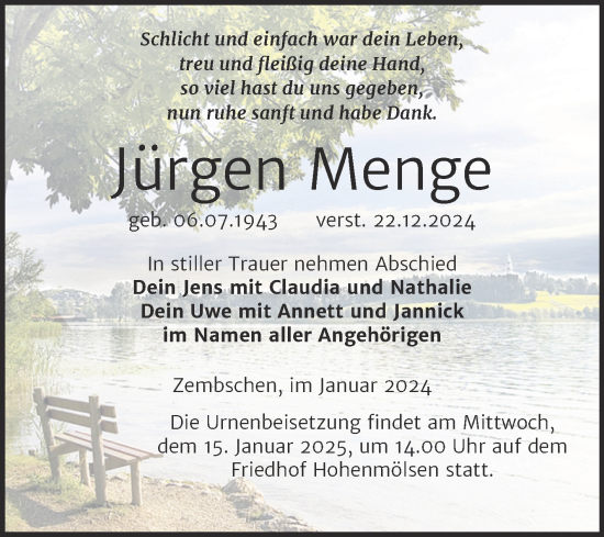 Traueranzeige von Jürgen Menge von Trauerkombi Weißenfels