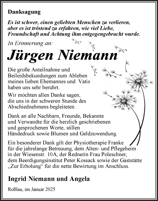 Traueranzeige von Jürgen Niemann von Trauerkombi Dessau