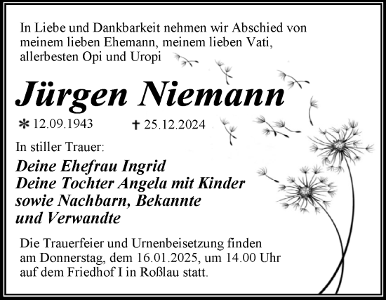Traueranzeige von Jürgen Niemann von Trauerkombi Dessau