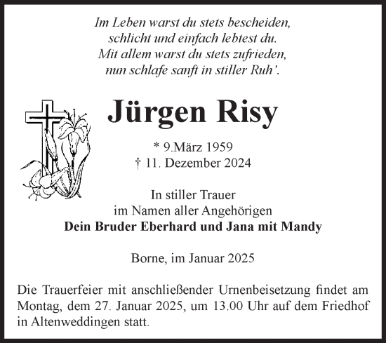 Traueranzeige von Jürgen Risy von Volksstimme Staßfurt