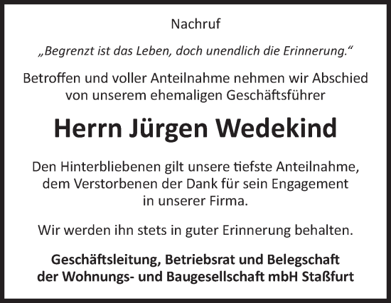 Traueranzeige von Jürgen Wedekind von Volksstimme Staßfurt