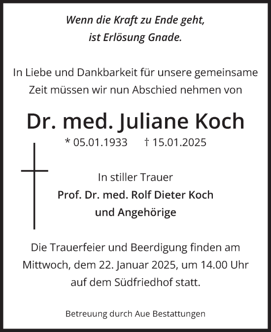 Traueranzeige von Juliane Koch von Volksstimme Magdeburg