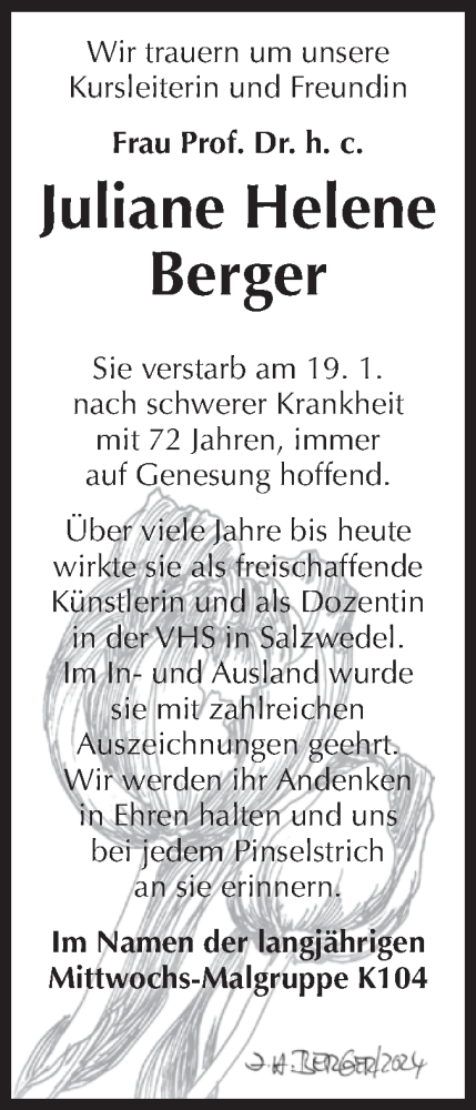 Traueranzeige von Juliane Helene Berger von Volksstimme Altmark West