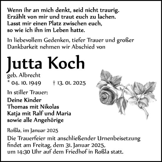 Traueranzeige von Jutta Koch von Trauerkombi Sangerhausen