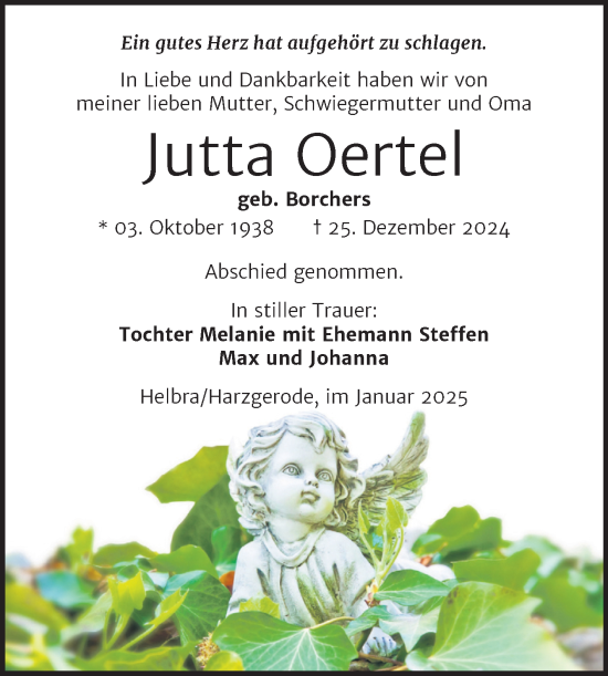 Traueranzeige von Jutta Oertel von Trauerkombi Quedlinburg