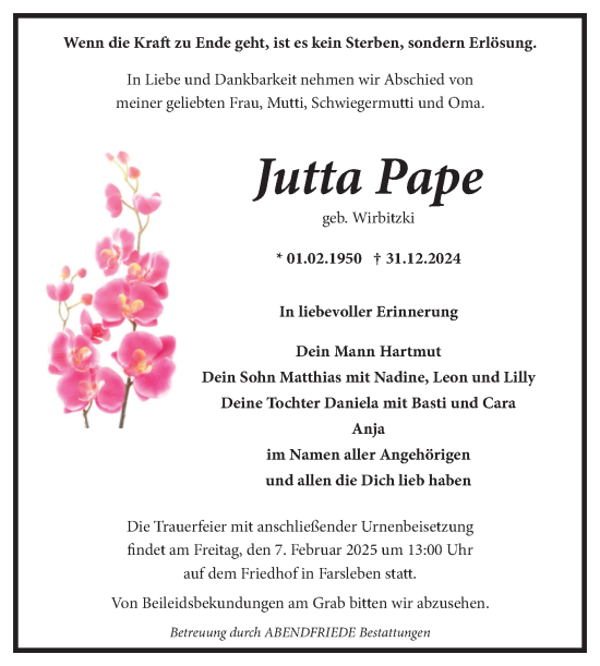 Traueranzeige von Jutta Pape von Volksstimme Haldensleben/Wolmirstedt