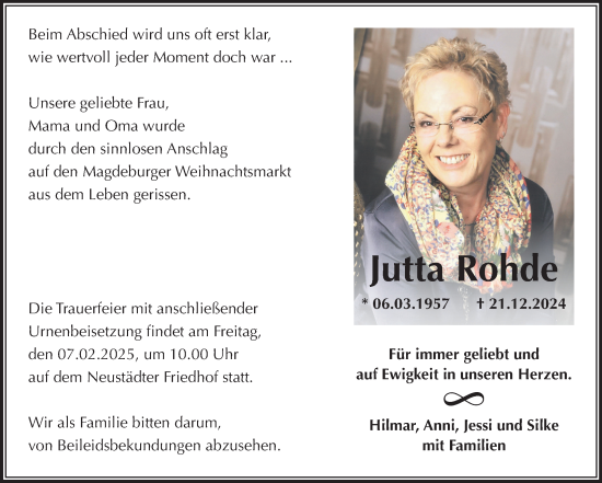 Traueranzeige von Jutta Rohde von Volksstimme Magdeburg