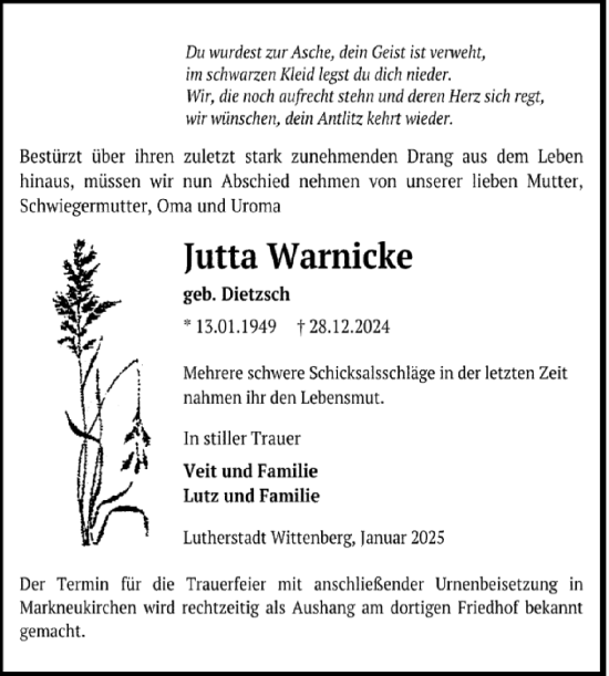 Traueranzeige von Jutta Warnicke von Trauerkombi Wittenberg
