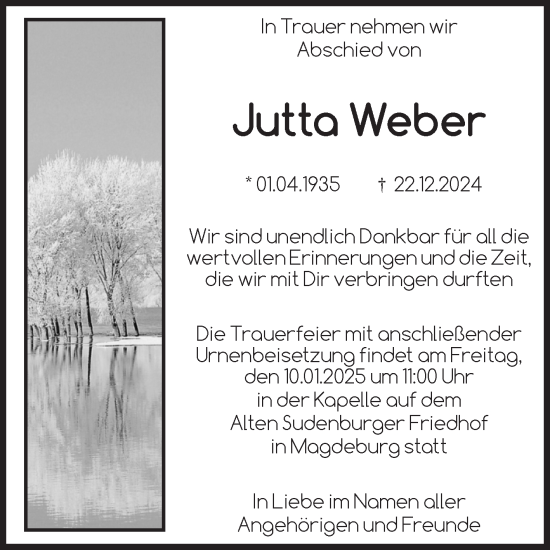 Traueranzeige von Jutta Weber von Volksstimme Magdeburg