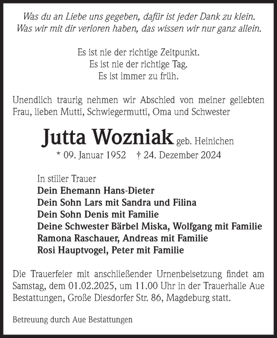 Traueranzeige von Jutta Wozniak von Volksstimme Magdeburg