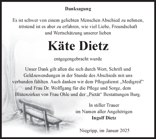 Traueranzeige von Käte Dietz von Volksstimme Burg/Genthin