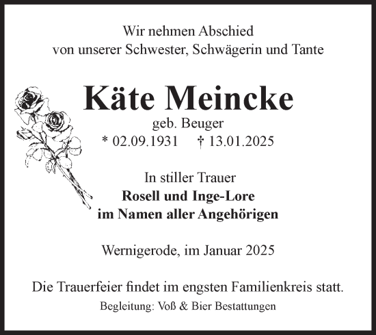 Traueranzeige von Käte Meincke von Volksstimme Wernigerode