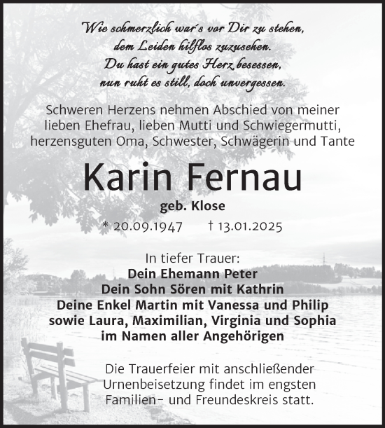 Traueranzeige von Karin Fernau von Trauerkombi Bitterfeld