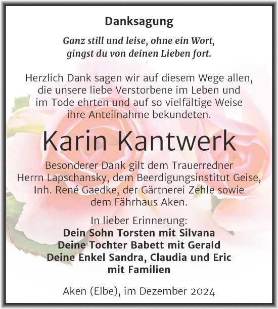 Traueranzeige von Karin Kantwerk von Trauerkombi Köthen
